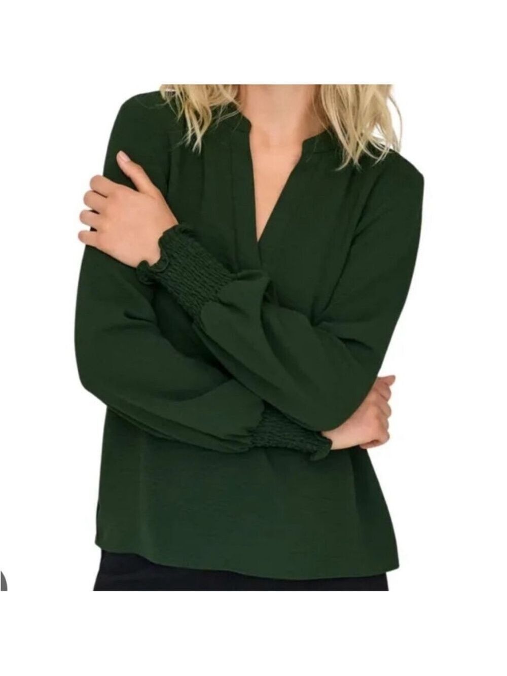 ONLY Open V-neck long sleeve smock top Women's blouse dark green size small NEW